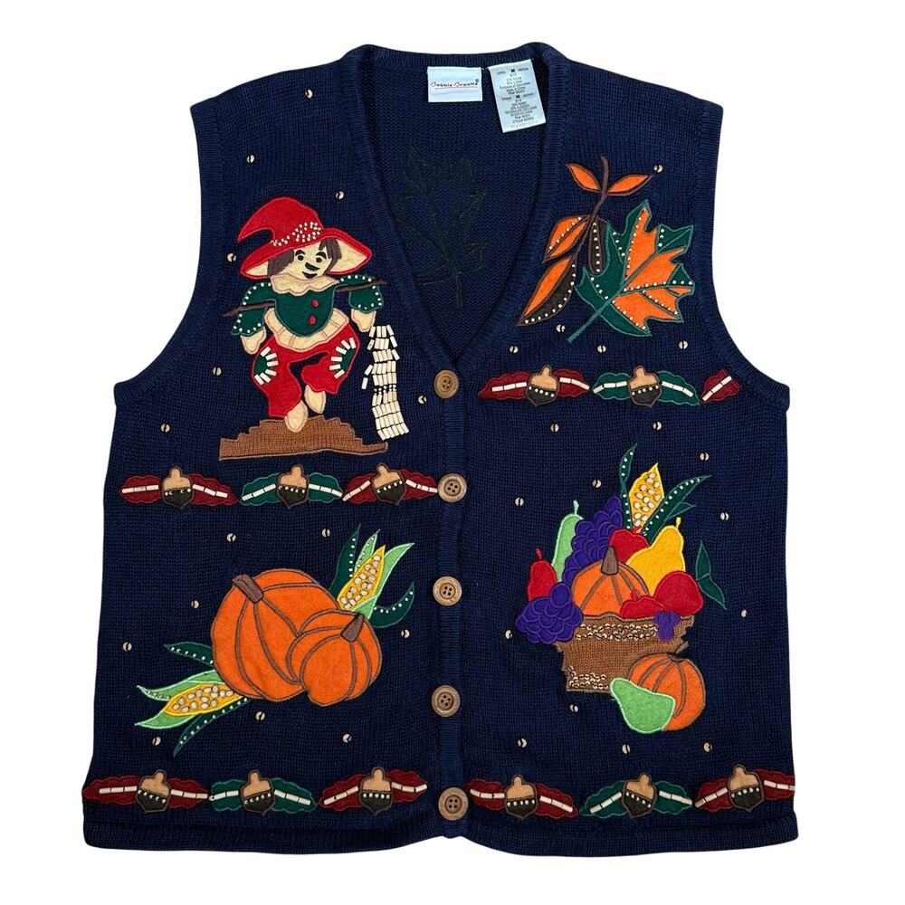 Vintage Fall Harvest Scarecrow and Pumpkins Embroidered Knit Sweater Vest Medium